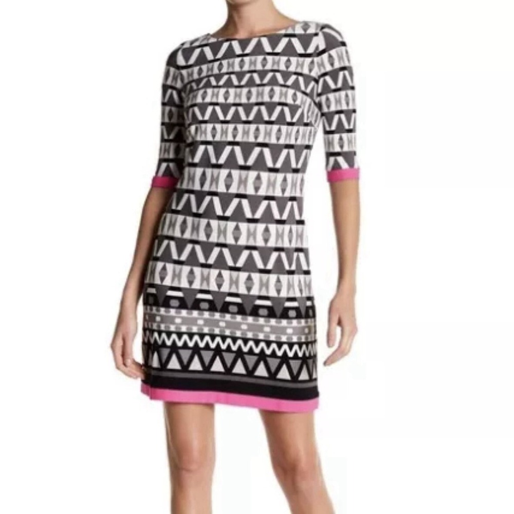 Eliza J Short Shift Dress 3/4 Sleeve Pink Black White Geometric Stretch Sz‎ 12